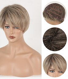 billige -korte blonde parykker for kvinner nissekutte blonde parykker med smell rett lagdelt kort hår parykker naturlig utseende syntetiske lyse blonde parykker