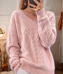 abordables -pull rose de la Saint-Valentin pour femme pull pull col en V tricot torsadé épaule tombante printemps automne maison quotidien vacances quotidien doux manches longues argyle couleur pure blanc rose
