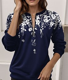 abordables -Sudadera de mujer de poliéster con estampado floral para uso diario, con cremallera, informal, cuello redondo, manga larga, microelástica, otoño e invierno, cómoda, transpirable, tejido suave