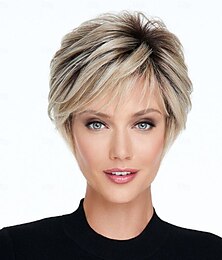 economico -parrucche bionde corte per donne parrucche bionde con taglio pixie con frangia parrucche corte lisce a strati parrucche bionde chiare sintetiche dall'aspetto naturale