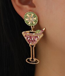 abordables -Pendientes colgantes únicos de copa de cóctel: dorado festivo con diseño de lima y bebida con diamantes de imitación, joyas de fiesta divertidas para mujeres