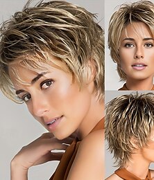 economico -parrucche corte castane bionde con mèches e frangia, parrucche sintetiche a strati per donne, parrucche sostitutive per capelli naturali