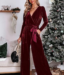 abordables -Mujer Normal Mono Elegante Color sólido Manga Larga Escote en V Profunda Ceñido Vacaciones Fiesta Ajuste regular Negro Rojo Azul Piscina Primavera