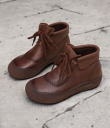 baratos -Botas femininas de couro sintético marrom com cadarço e detalhes de costura vintage, sola confortável para uso casual ao ar livre