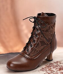 abordables -bottines victoriennes marron à lacets pour femmes avec motif en dentelle et talon chaton – style vintage pour le cosplay ou le quotidien
