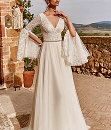 economico -Abiti da sposa A-Line V Neck Manica lunga Strascico  Trenino Pizzo Abiti da sposa con drappeggi