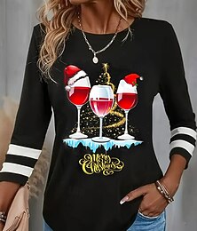 abordables -Femmes T-shirt Lettre Mode Moderne Occasionnel manche longue Col ras du cou Hauts Réguliers Noël Quotidien Week-end Imprimé Noir Automne Hiver