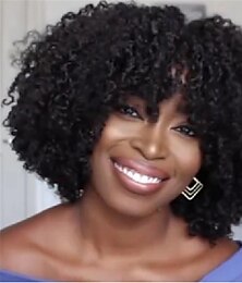 economico -parrucche ricce per donne nere - parrucca afro riccia con frangia capelli neri naturali parrucche sintetiche resistenti al calore complete
