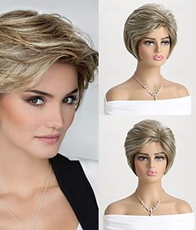 levne -vrstvené krátké blond pixie paruky pro bílé ženy tmavě hnědé ombre blond pixie střih paruka syntetická přirozeně vypadající denní párty paruka