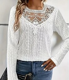 economico -Top Eleganti in Pizzo Bianco per Donna con Occhielli Maglietta Moda Casual Semplice Regolare Maniche Lunghe Collo a Giro Regolare Fit Giornaliero Weekend Romantico Petite Top Estivi da Vacanza Nero