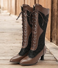 preiswerte -Damenstiefeletten im viktorianischen Stil mit Schnürung bis zur Mitte der Wade – Steampunk-Kostümschuhe aus Kunstleder und Spitze für Cosplay, Partys und besondere Anlässe
