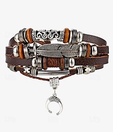 economico -bracciale multistrato in pelle boho da uomo con ciondolo a forma di piuma e mezzaluna – bracciale avvolgente regolabile di ispirazione vintage per uno stile casual