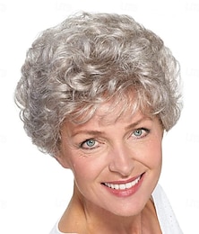 cheap -Short Curly Silver Wigs for White Women Heat Resistant Natural Synthetic Hair Old Ladies Daily Cosplay Full Wigs