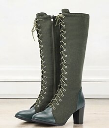 abordables -Botas victorianas vintage con cordones hasta la rodilla para mujer: ante y cuero verdes, cremallera lateral y tacón grueso: estilo retro elegante para ocasiones especiales