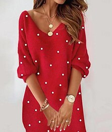 economico -vestito casual da donna mini abito peloso patchwork casual scollo a V manica lunga colore rosso vino
