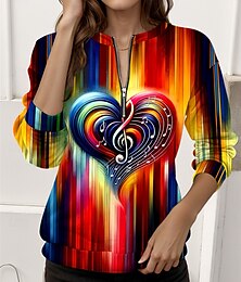 abordables -Sudadera de mujer con estampado de corazón, ropa de calle para uso diario, con cremallera, informal, cuello redondo, manga larga, microelástica, otoño e invierno, cómoda, transpirable, tejido suave