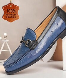 billige -loafers i blå premium okseskinn for menn med strutsemønster og metallspennedetaljer, elegante dresssko for formelle og uformelle anledninger
