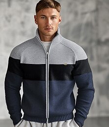 abordables -Hombre Chaqueta de Punto Jersey con cremallera Tejer Retazos Cremallera Bloque de color Cuello Alto Prendas de punto Elegante Escuela Entrenamiento Ropa Obispo Otoño Invierno Azul Marino Azul Real S