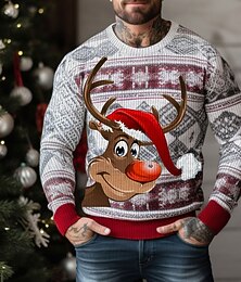 preiswerte -hässlicher Weihnachtspullover für Herren mit Tiermuster, Elch- und Schneeflocken-Print, Strickpullover, Strickmode, Silvesterpullover, Outdoor, Alltag, Urlaub, langärmlig, Rundhalsausschnitt,
