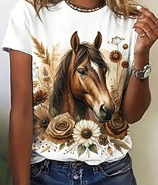abordables -Mujer Camiseta Graphic Caballo Casual Manga Corta Escote Redondo Tops regulares Diario Estampado Blanco Primavera Otoño
