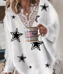 economico -maglione da donna pullover maglione peloso scollo a V maglia a coste pizzo lavorato a maglia stampa autunno inverno all'aperto quotidiano fine settimana casual morbido manica lunga stella bianco rosa