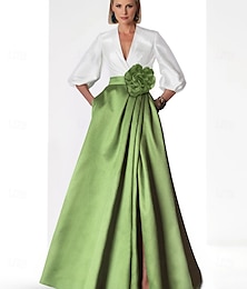 billige -A-Linje Kveldsdrakt Elegant Kjole Formal Gulvlengde 3/4-langermet V-Krage Lomme Sateng med Splitt
