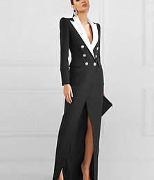 billige -Blazer Kjole Svart Kjole Skjorte Kveldsdrakt Elegant Kjole Smoking Kjole Formell Gulvlengde Langermet Notch Krage Lomme Stretch Krepp med Lomme