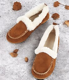 abordables -Pantuflas tipo mocasín de ante sintético para mujer: forro de piel sintética, cálidas zapatillas de casa para interior y exterior con detalles de costuras