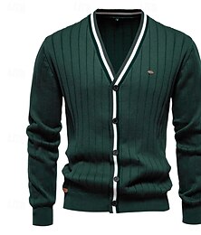 billige -Herre Cardigan Genser Strikke Knepp opp med hvit kant Stripet Dyp V Strikketøy Elegant Skole Trening Klær Biskop Høst Vinter Svart Navyblå S M L