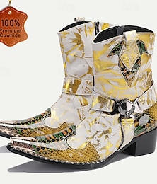 cheap -Men's Gold Snakeskin Leather Motorcycle Boots – Western Style Pointed Toe Ankle Boots with Buckle Straps and Bold Metallic Accents