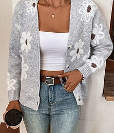 abordables -Femme Pull Chandail Gilet Cardigan Décontractées Flexible Floral A côtes Col V Boutons Tricoté manche longue Hauts réguliers Tricoter Extérieur du quotidien Fin de semaine Noir Gris Clair Automne