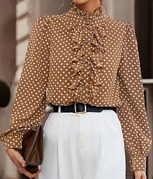 economico -Per donna Camicia Blusa A pois Informale Manica lunga A collo alto Top regolari Giornaliero Con balze Collage Bottoni Nero Marrone Autunno Inverno