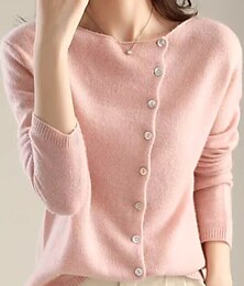 abordables -Femmes Pull Cardigan Occasionnel Doux Couleur Unie Côtelé Col ras du cou Boutons Tricoté manche longue Hauts Réguliers Tricoter Extérieur Quotidien Week-end Jaune Rose Claire Automne Hiver