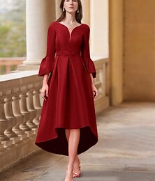 economico -Abito A-Line Abito per madre della sposa Ospite di matrimonio Elegante Collo a V Asimmetrico Lunghezza tè Raso Maniche 3/4 con pieghe Colore solido Abiti Derby 2025