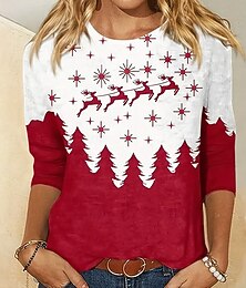 ieftine -tricou de damă ren pin arbore stea imprimeu mânecă lungă gât rotund roșu alb casual sărbători festive top îmbrăcăminte îmbrăcăminte