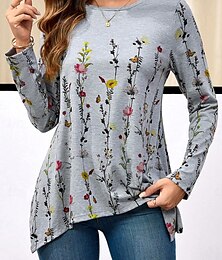 economico -Maglietta tunica da donna floreale casual maniche lunghe girocollo top regolari stampa quotidiana asimmetrica grigia primavera e autunno