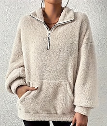 levne -dámská mikina ležérní šerpa fleece obyčejný street denní nošení kapsa na rolák do poloviny zip dlouhý rukáv hnědá béžová šedá podzim zima