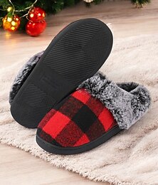 abordables -pantoufles confortables à carreaux doublées de polaire pour femmes - chaussures de maison à carreaux de buffle rouges et noirs avec col en fausse fourrure pour un confort hivernal