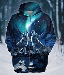 abordables -Homme Loup Aurore Sweat à capuche Sweats à capuche Sweatshirt Mode Frais manche longue À capuche Vacances Salle de sport Vêtements de rue Bleu de minuit Cordon de serrage Automne Hiver Designer