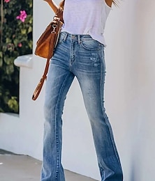 abordables -Mujer Normal Vaqueros Vintage Ropa de calle Longitud total Alta cintura Color sólido Bolsillo Confortable Transpirable Suave Microelástico Oficina / Carrera Casual Azul Piscina Primavera & Otoño