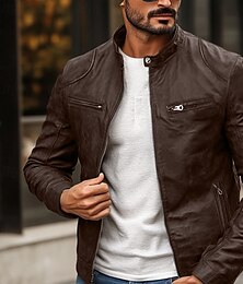 economico -Per uomo Giacca di pelle sintetica Giacca da motociclista Giacca da moto Giornaliero Tenere al caldo Anti-pioggia Cerniera Autunno inverno Tinta unita Punk Vintage Colletto alla coreana Standard Nero