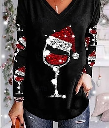abordables -Blusa de mujer de manga larga con cuello en V, estampado de gorro de Papá Noel, copas de vino, camiseta festiva informal negra para fiesta, cómoda