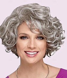 economico -Parrucche sintetiche Riccio Taglio asimmetrico Parrucca Corto Grigio Capelli sintetici Per donna Disegni alla moda Soffice Naturale Grigio