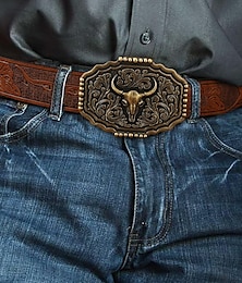 abordables -Cinturón de piel sintética estilo western para hombre con diseño floral en relieve y hebilla con forma de cabeza de toro: estilo vaquero vintage