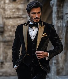 economico -Completi da uomo in velluto per matrimoni feste completi per il ritorno a casa nero moda festa in un colore solido vestibilità standard 3 pezzi monopetto un bottone