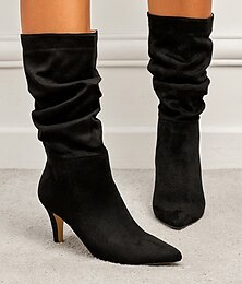 abordables -Botas de media pantorrilla holgadas de ante marrón para mujer: elegantes tacones de aguja con punta puntiaguda, perfectos para atuendos casuales y de fiesta de otoño