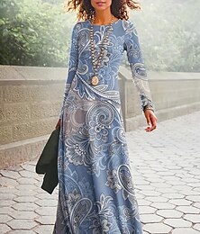 abordables -Saint Patrick Femme Robe Maxi robe boheme Robe imprimée Mode Manche Gigot Vacances du quotidien Fin de semaine Standard Graphic Tribal manche longue Col Ras du Cou Bleu Bleu de minuit Printemps