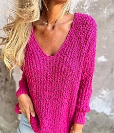 economico -Per donna Felpa Elegante Di tendenza Giornaliero Tinta unica A V Lavorato a maglia Testurizzato Manica lunga Top regolari Maglia Esterno Blu Fucsia Autunno Inverno
