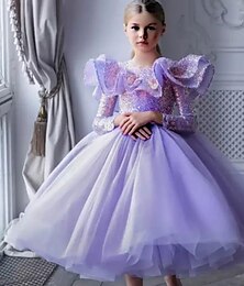 billiga -Barn Flickor Festklänning Ensfärgat Ärmlös Långärmad Prestanda Nät Prinsessa Ljuv Maska Mitt på vaden Sheath Dress Tyllklänning Sommar Vår Höst Barn Purpur