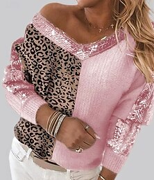 Недорогие -Жен. Вязаная ткань Пуловер Свитер На каждый день Мягкий Леопард Рельефный узор V-образный вырез Трикотаж Длинный рукав Обычные топы Вязать на открытом воздухе Повседневные выходные Розовый Верблюжий